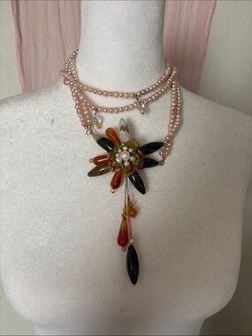 Handcrafted Pink Pearl Necklace with Multicolor Stone Pendant
